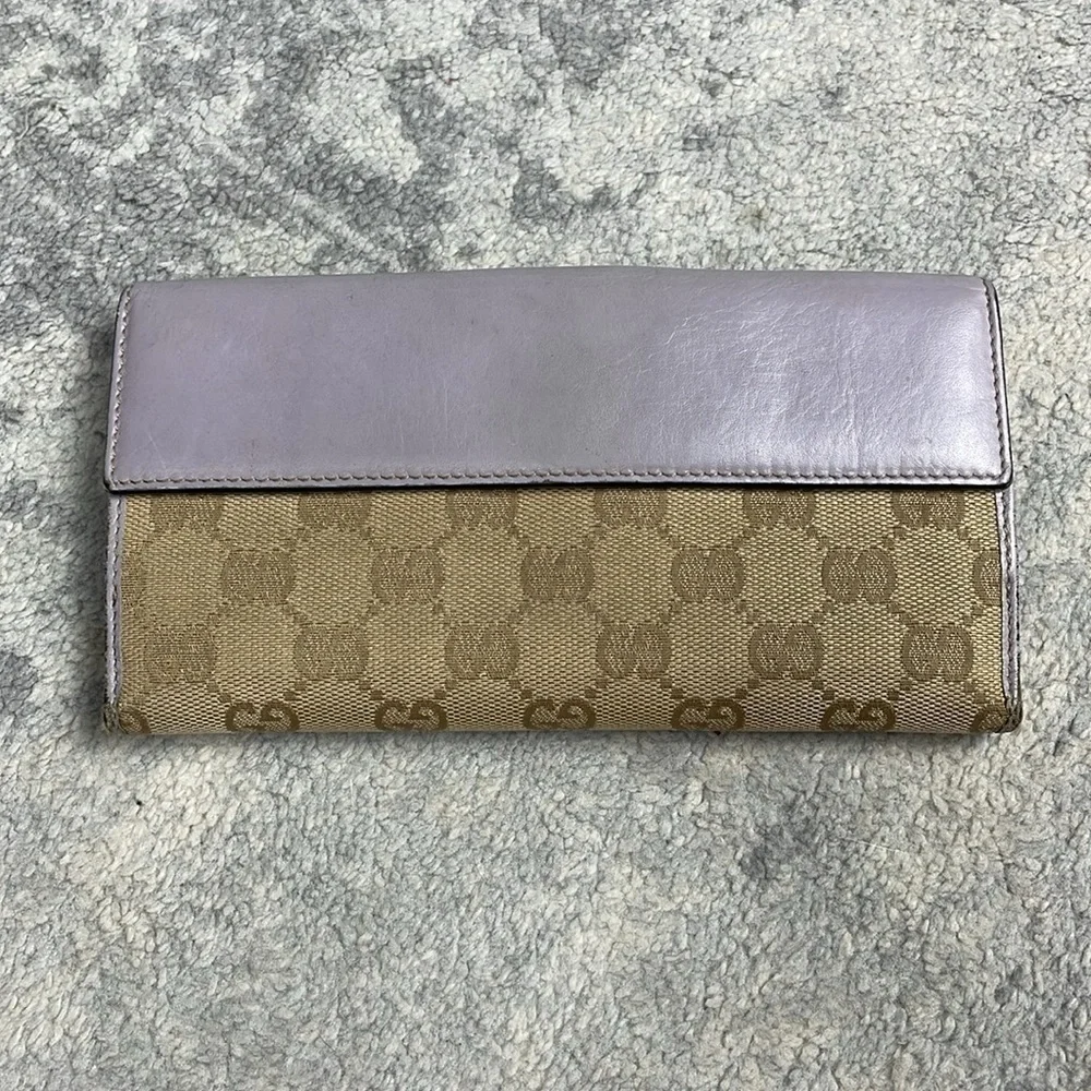 Gucci Monogram GG Long Wallet Double Sided Tan Lilac Heart Clasp